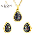 Ason Jewelry Colored and Black Flower Stones Pendant Necklace and Stud Earrings Set Stainless Steel Water Drop Shape Jewelry Set