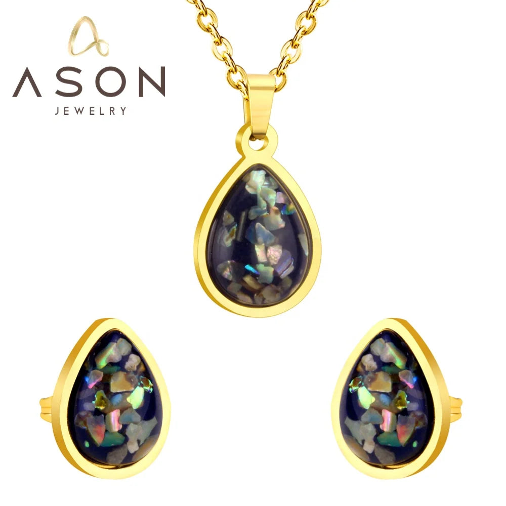 Ason Jewelry Colored and Black Flower Stones Pendant Necklace and Stud Earrings Set Stainless Steel Water Drop Shape Jewelry Set