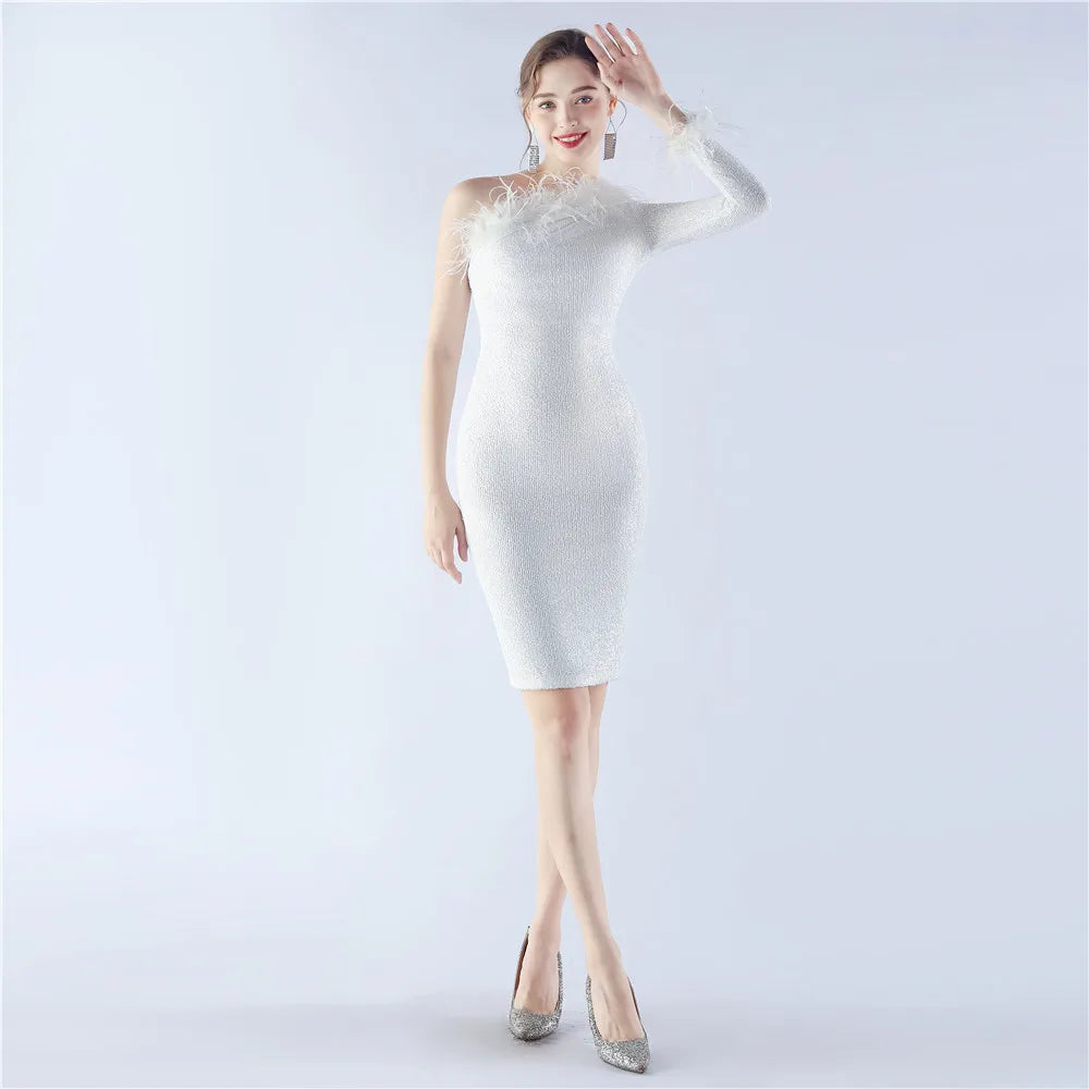 31332# New Single Shoulder Diagonal Collar Long Sleeve Short Dress
