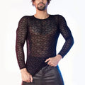 New Trendy Men Long Sleeve T Shirts  See Through Sexy Night Club Mesh Transparent Mesh Hollow Out Tops