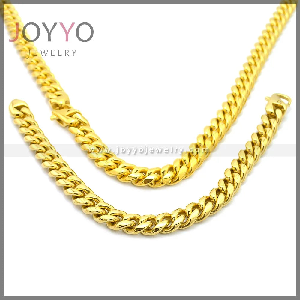 18K PVD NO Fade Glossy Gold Stainless Steel Cuban Hip Hop Punk Men Necklace Bracelet Jewelry Set