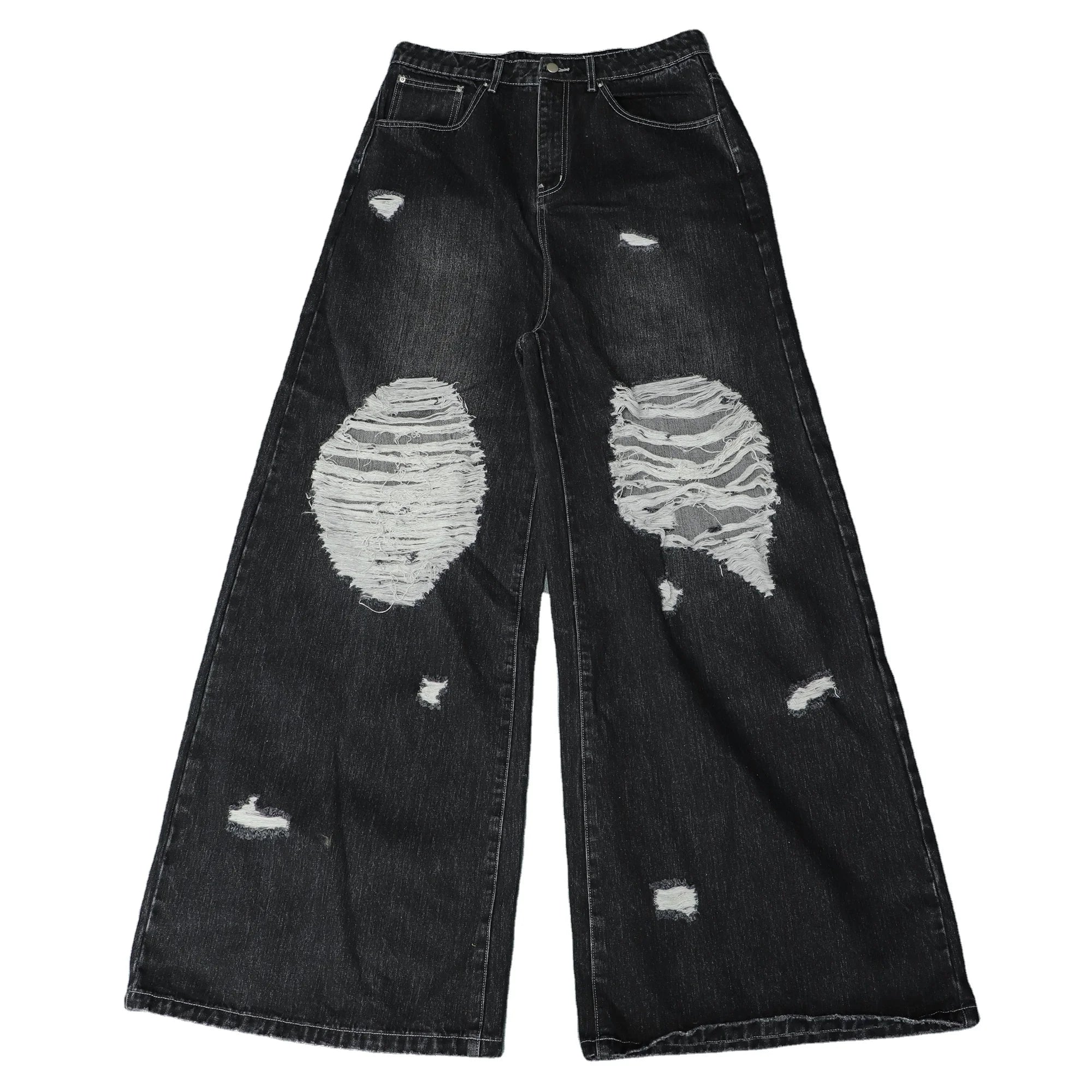 MC BUILD Custom Printed Black Flared Streetwears Men Denim Jeans Wash Ripped Damaged Vintage Distressed Baggy Jeans Pants Men