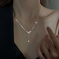 Fine 925 sterling silver fringed bow necklace women fashion diamond bowknot long tassel necklace