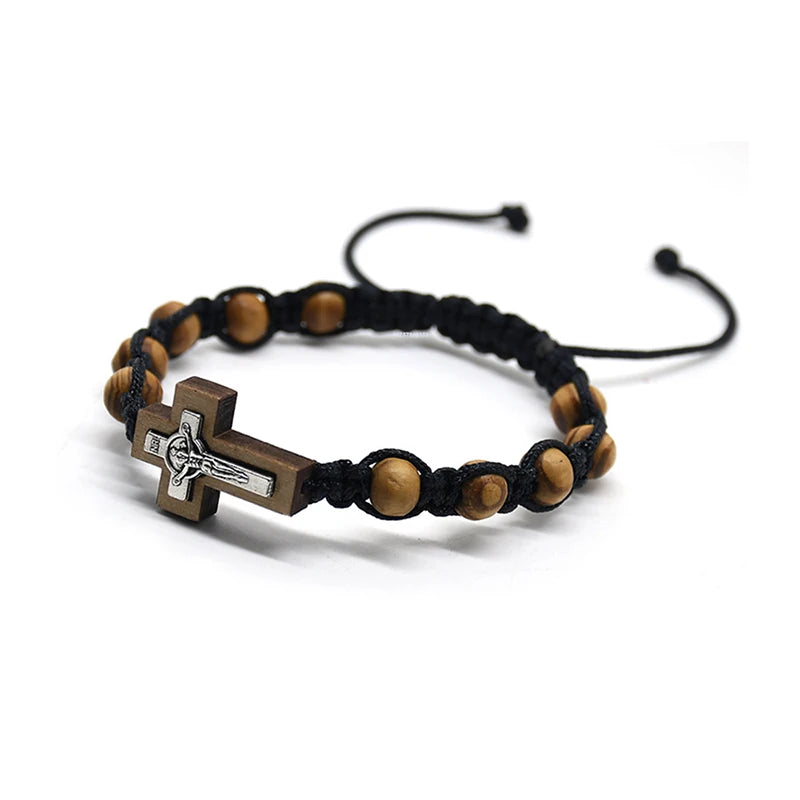RisingMoon Wooden Weave Strand Rosary Bracelets Pine Beads Woven Chinese Knot Cross Bracelet