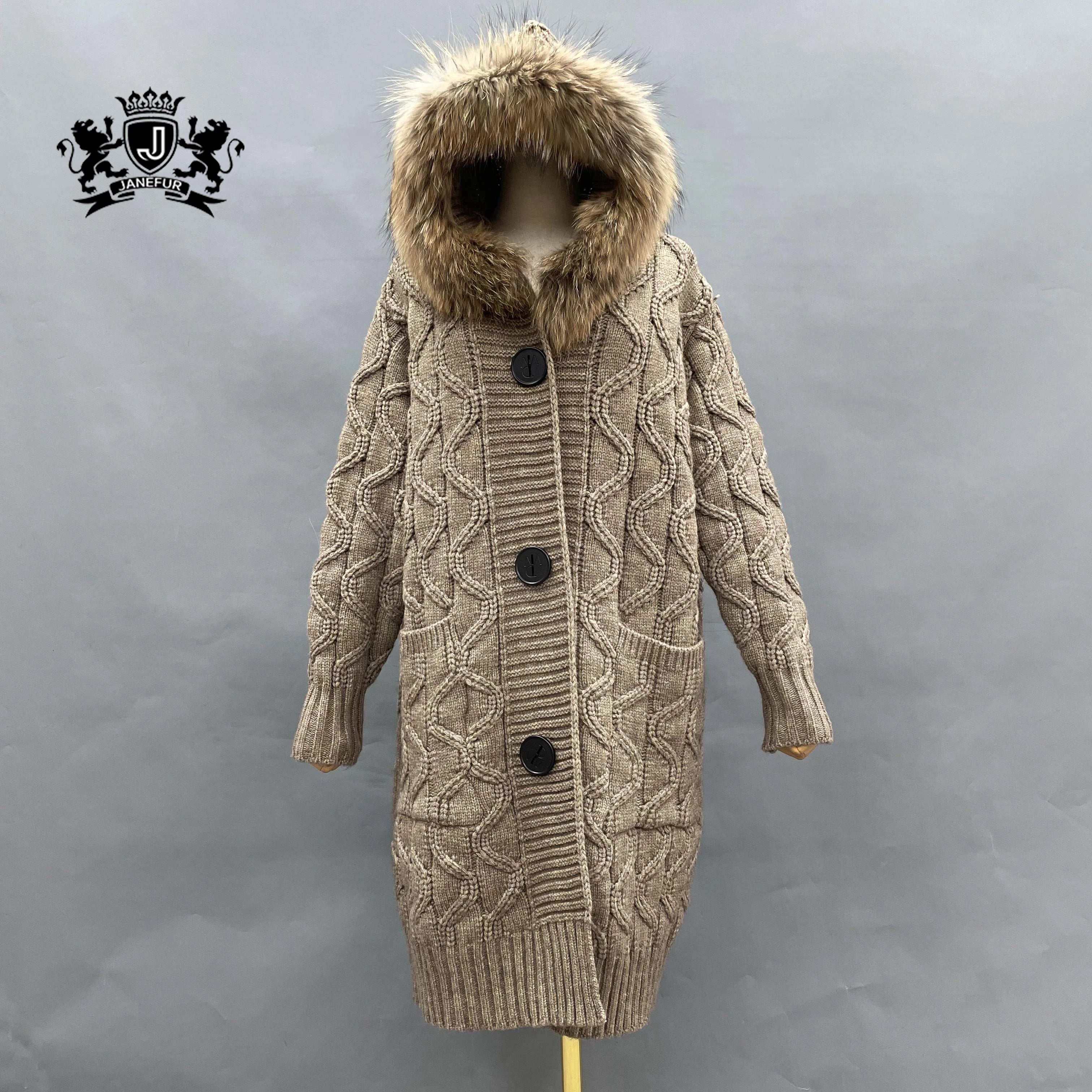 Long Wool Knitted Fashion Cardigan Sweater Coat Pretty Pattern Big Button Hooded Wave Pattern Real Wool Knit Cardigan Sweater