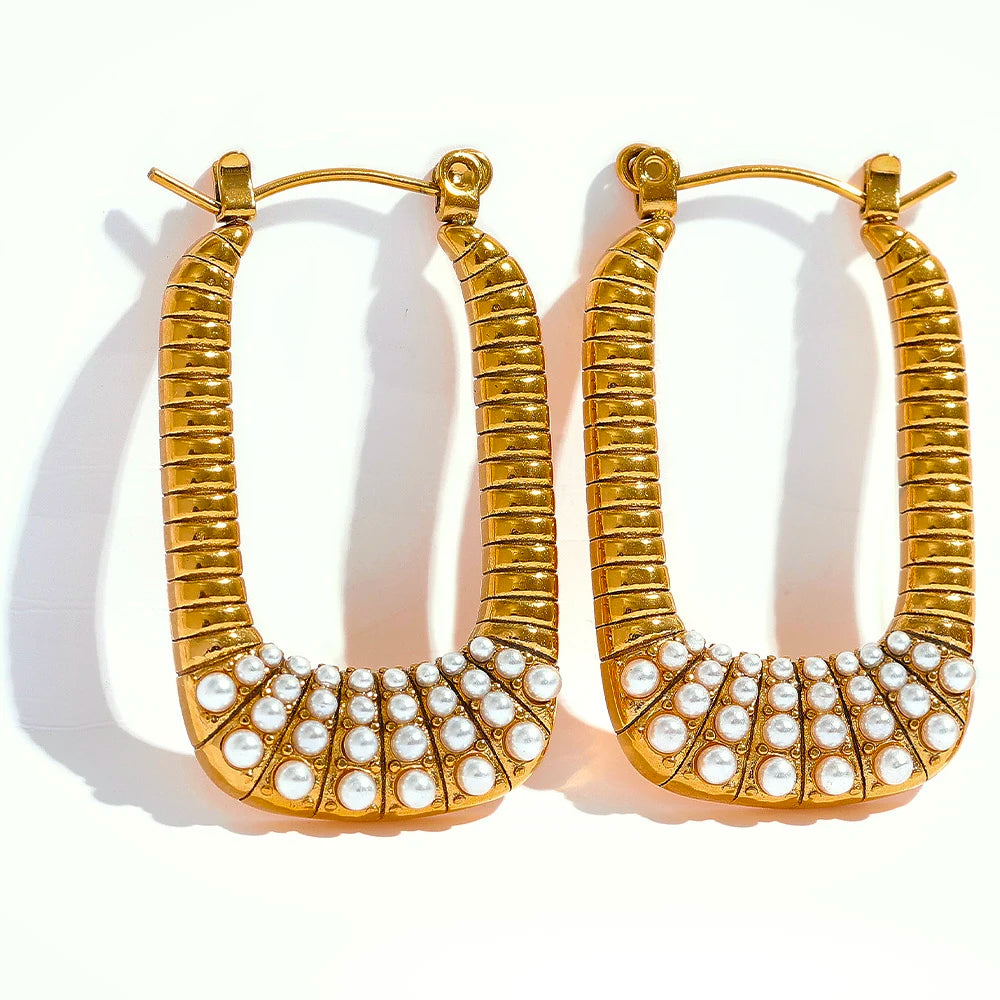 JINYOU 1489 Rectangle Hoop Earrings Stainless Steel 18K Gold Color Artificial Pearls Metal Hollow Unique Fashion Vintage Jewelry MegaBDM