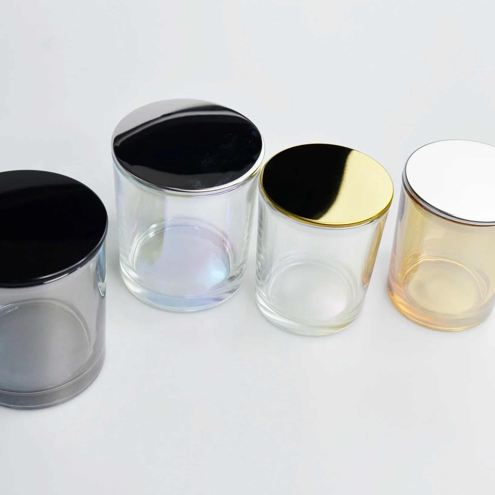 Wholesale Luxury Electroplate Glass Candle Jars with Matel Lid Round Empty Rainbow Color Candle Containers