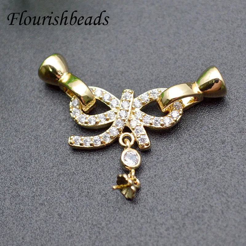 High Quality Zircon Stone Setting Silver Gold Plated 20x35mm Bowknot Shape Connector Clasp for Pearl Jewelry Making Accessory