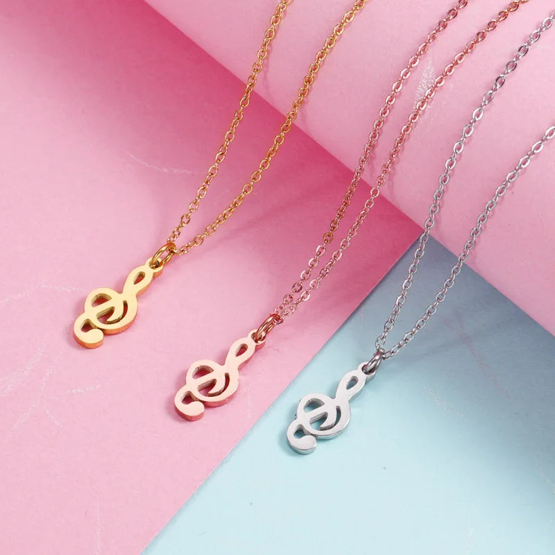 FanYue Simple 18K Real Gold Plated Jewelry Musical Notation Figures Pendant Stainless Steel Necklace for Women Men