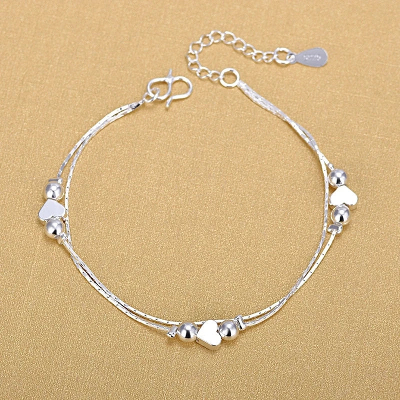Fashion Silver Color Double Twist Chain Beads Heart Charm Bracelets for Women Body Jewelry