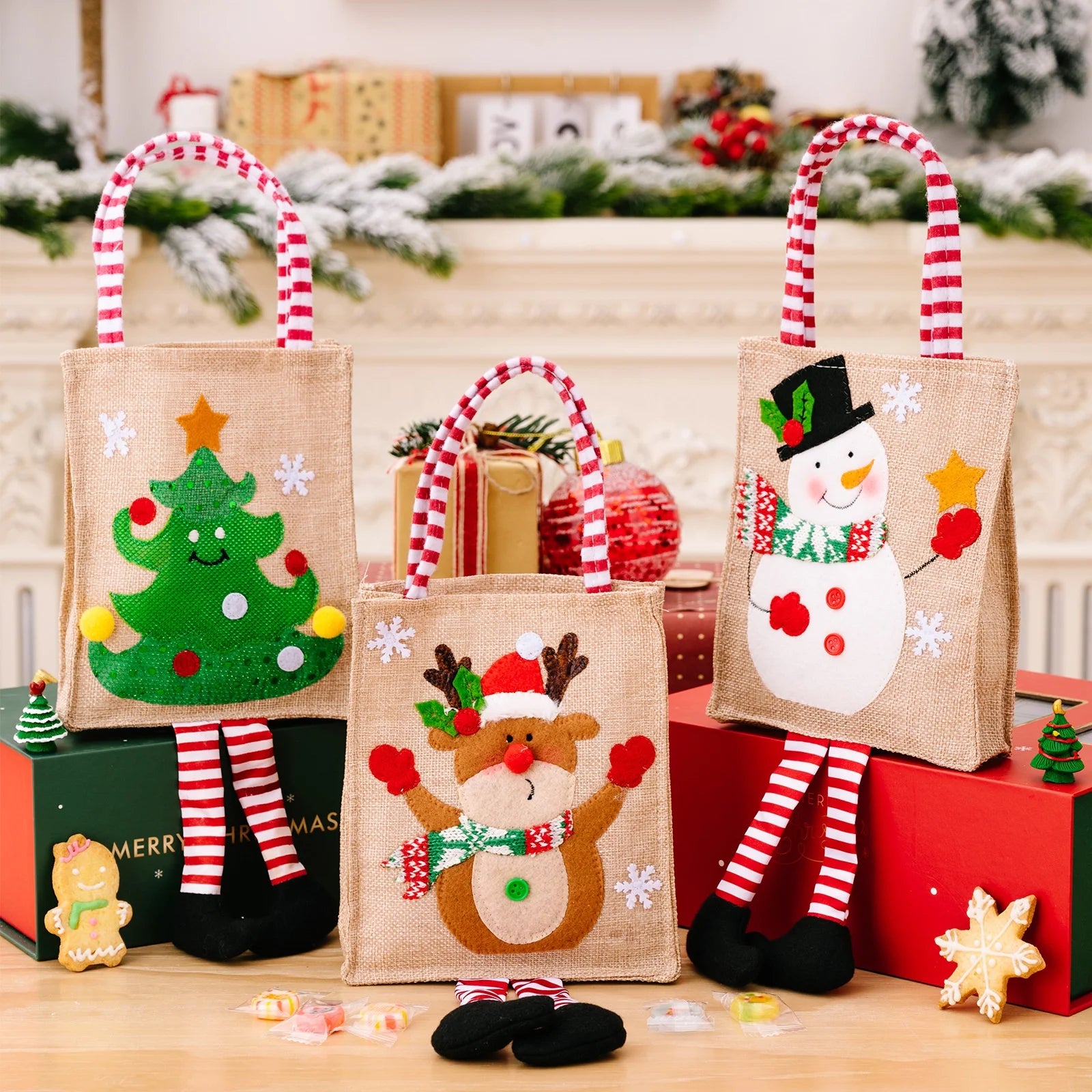 Christmas Decorations Cartoon Linen Handbag Fabric Wrap Candy Bags Christmas Gift Bags for Kids Christmas Candy Gags