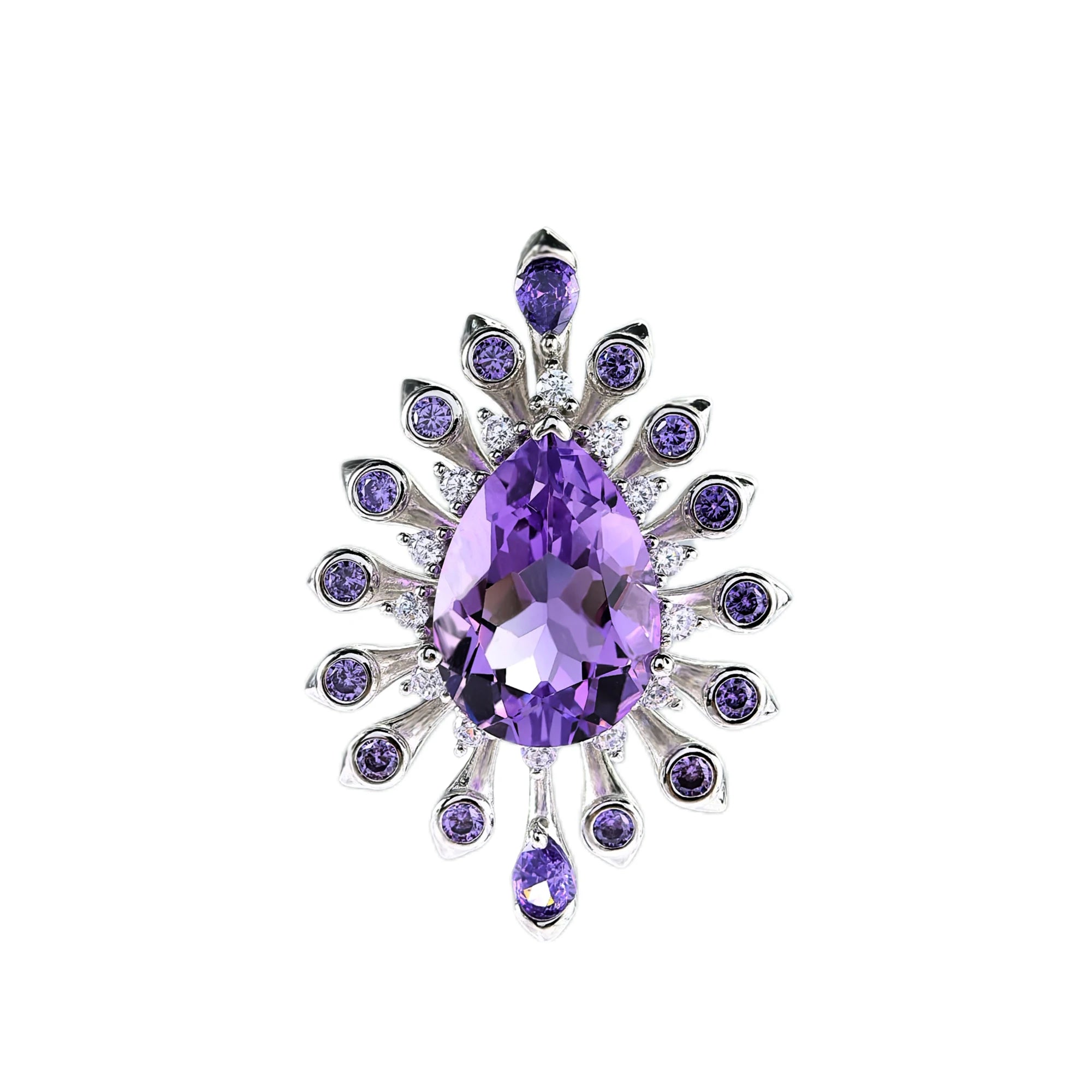 Sparkling Rhodium Plated 925 Silver Jewelry Natural Amethyst Pendant for Women Fine Pendants