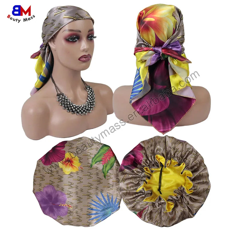 Designer Custom Logo Satin Bonnets Scarf Set Double Layer Reversible Cap Sleep Hair Bonnets Scarf for Women