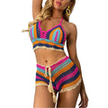 OEM Factory Bohe Crochet Multi-Color Striped Crochet Co-ord Set Women's Beachwear Backless Halter Top and Drawstring Shorts