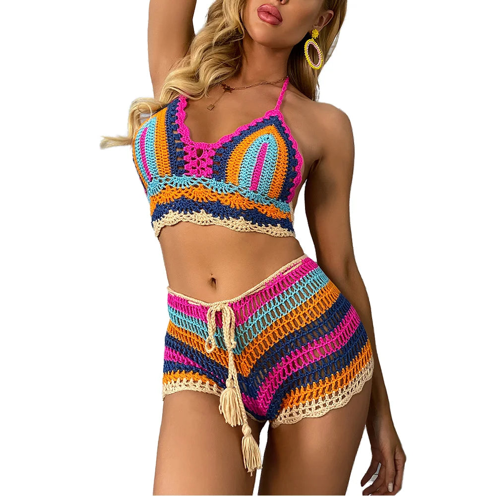 OEM Factory Bohe Crochet Multi-Color Striped Crochet Co-ord Set Women's Beachwear Backless Halter Top and Drawstring Shorts