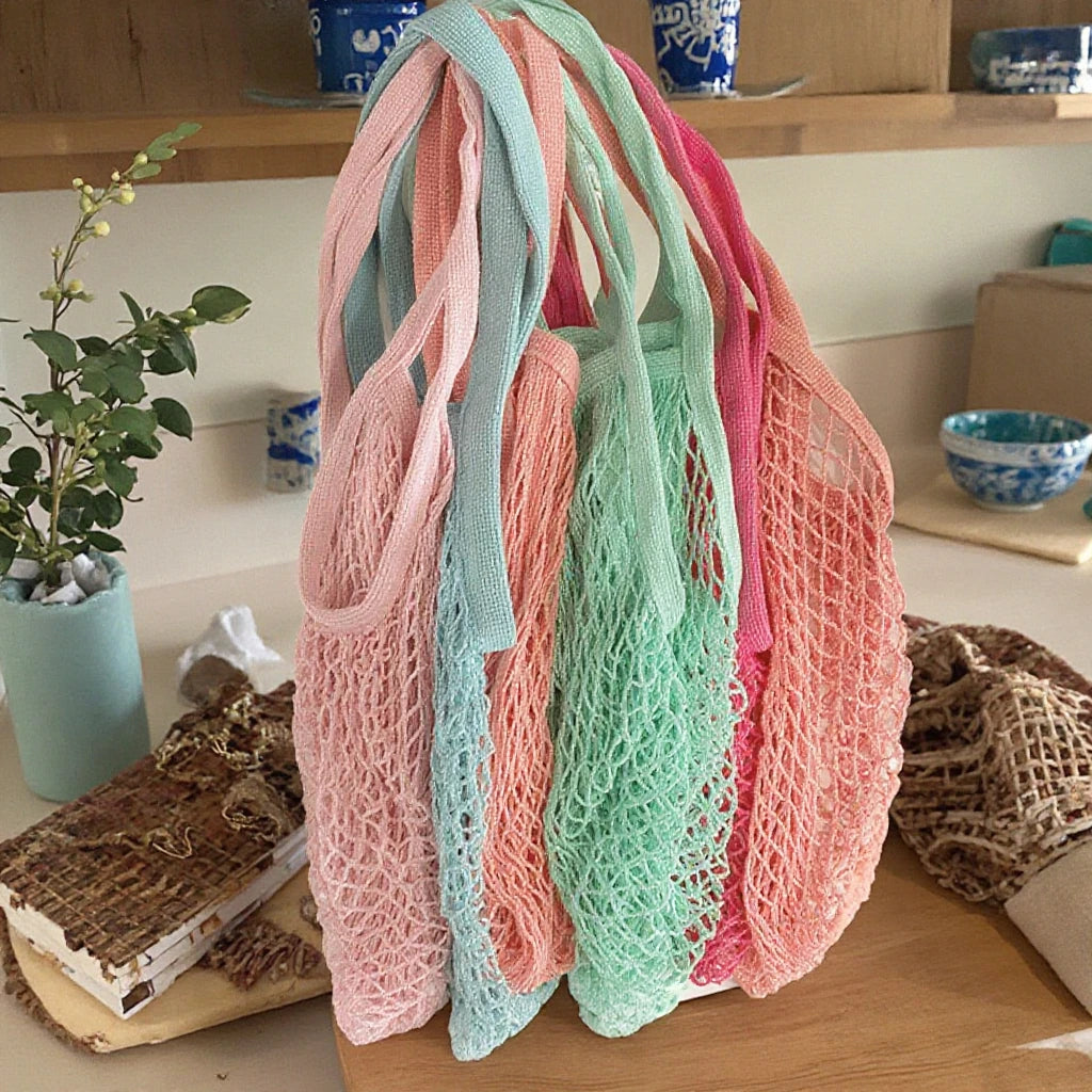 Macaron Colourful Cotton Daily Life Package Bags Reusable Mesh Net Bags