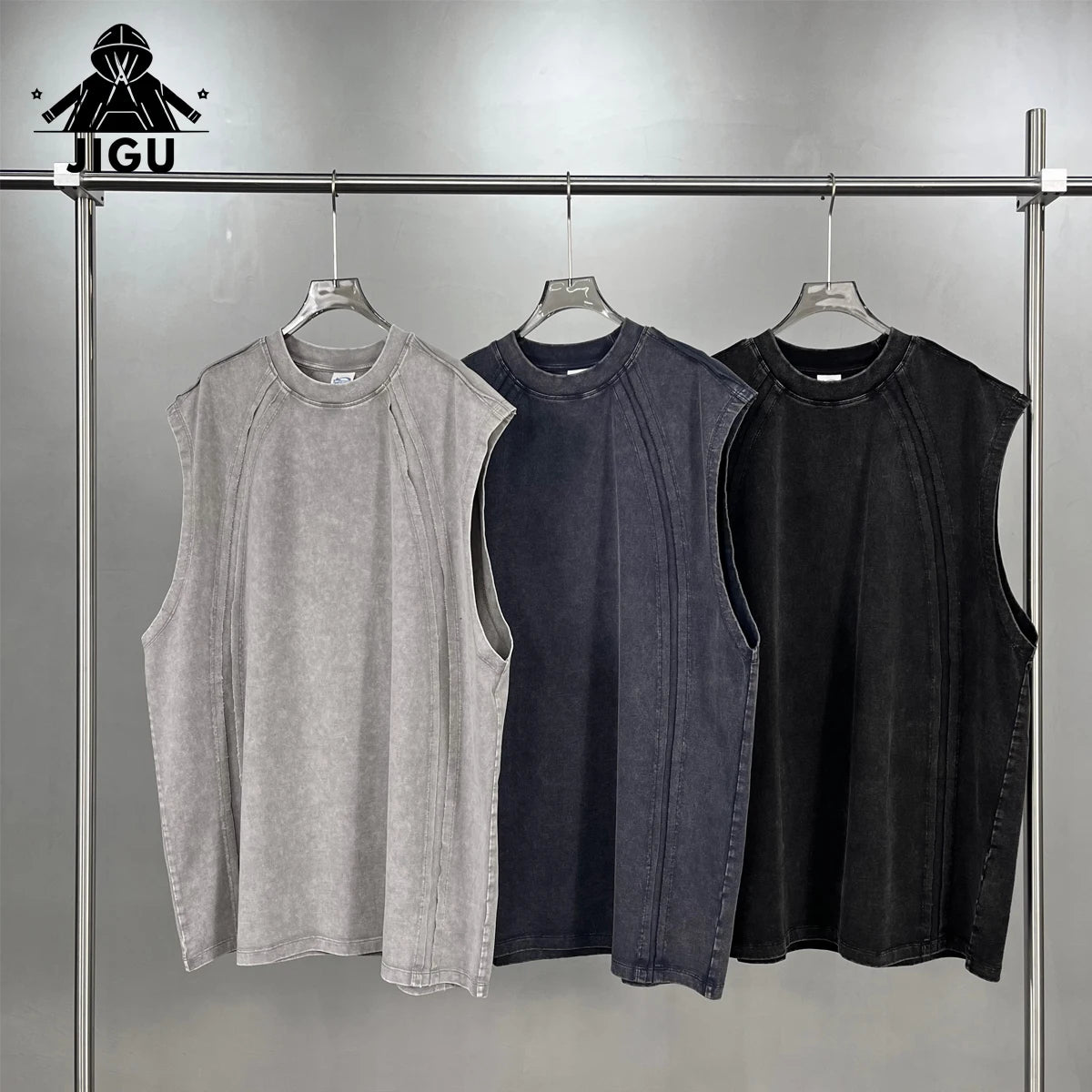 European-American Men's Sporty High Knitted Crew Neck Vest Wholesale 275G Retro Fringed Top Breathable 100% Cotton Heat-Transfer