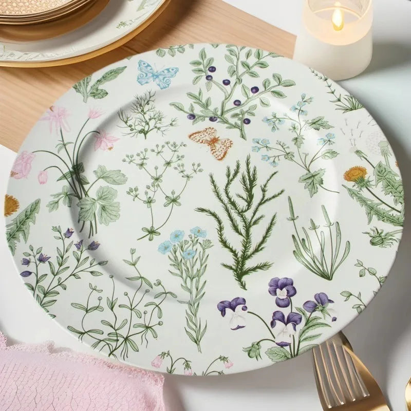 Spring Summer Botanical Green Leaves Herbs Vintage White Plastic Dessert Charger Plates for Wedding Party