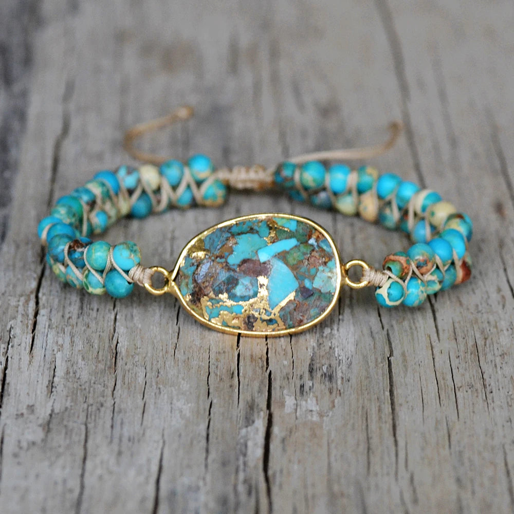 HD0292 Gold Plated Turquoise String Bracelet Handmade Lapis Beaded String Bracelet