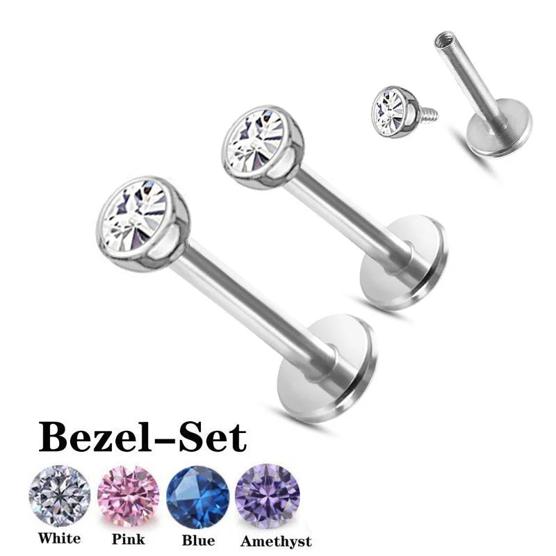 ASTM F136 Titanium 16G Internal Thread Bezel Set CZ Top Labret Piercing Lip Ring Earring Jewelry Wholesale