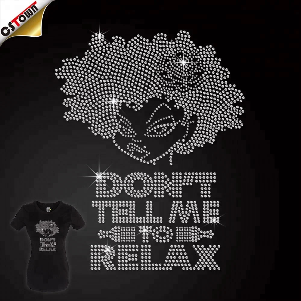 Custom Low Minimum Afro Lady Hotfix Rhinestone Transfer Tees Heat Press Rhinestone Transfers