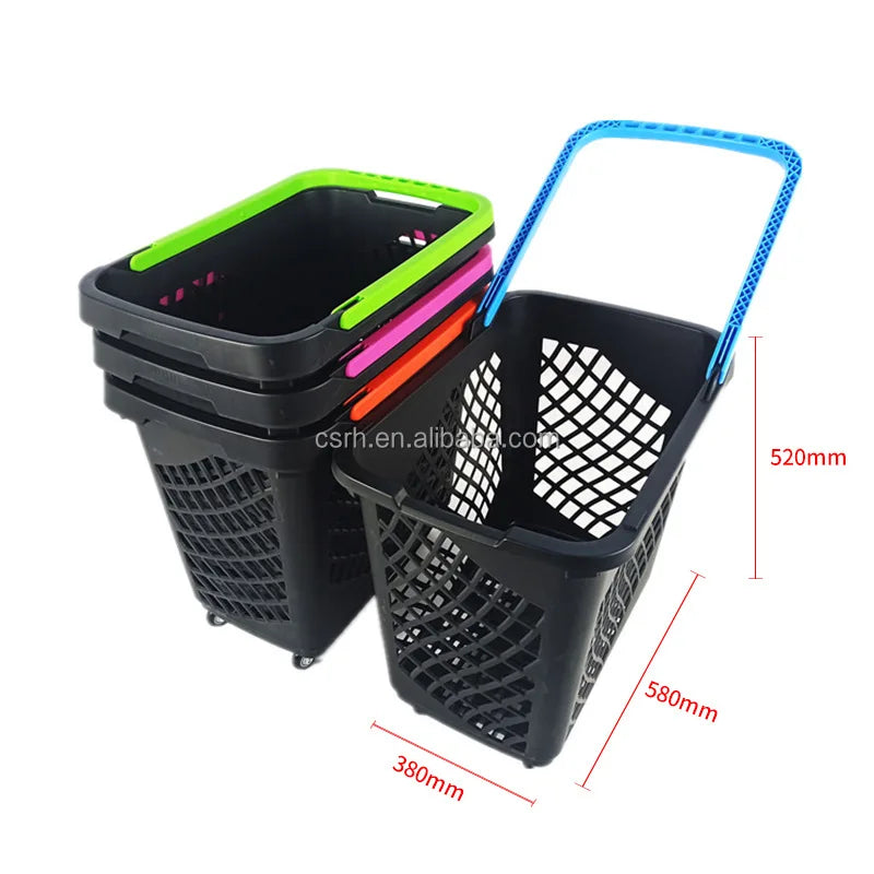 RH-BPR65  580*380*520mm Roll Shopping Basket 65L Plastic Supermarket Rolling Basket