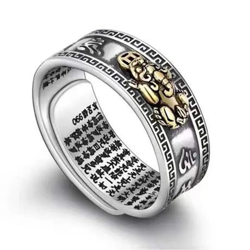 Retro Buddhist Wealth PiXiu Ring Carved Words Amulet FengShui Wealth PiXiu Ring for Men Women