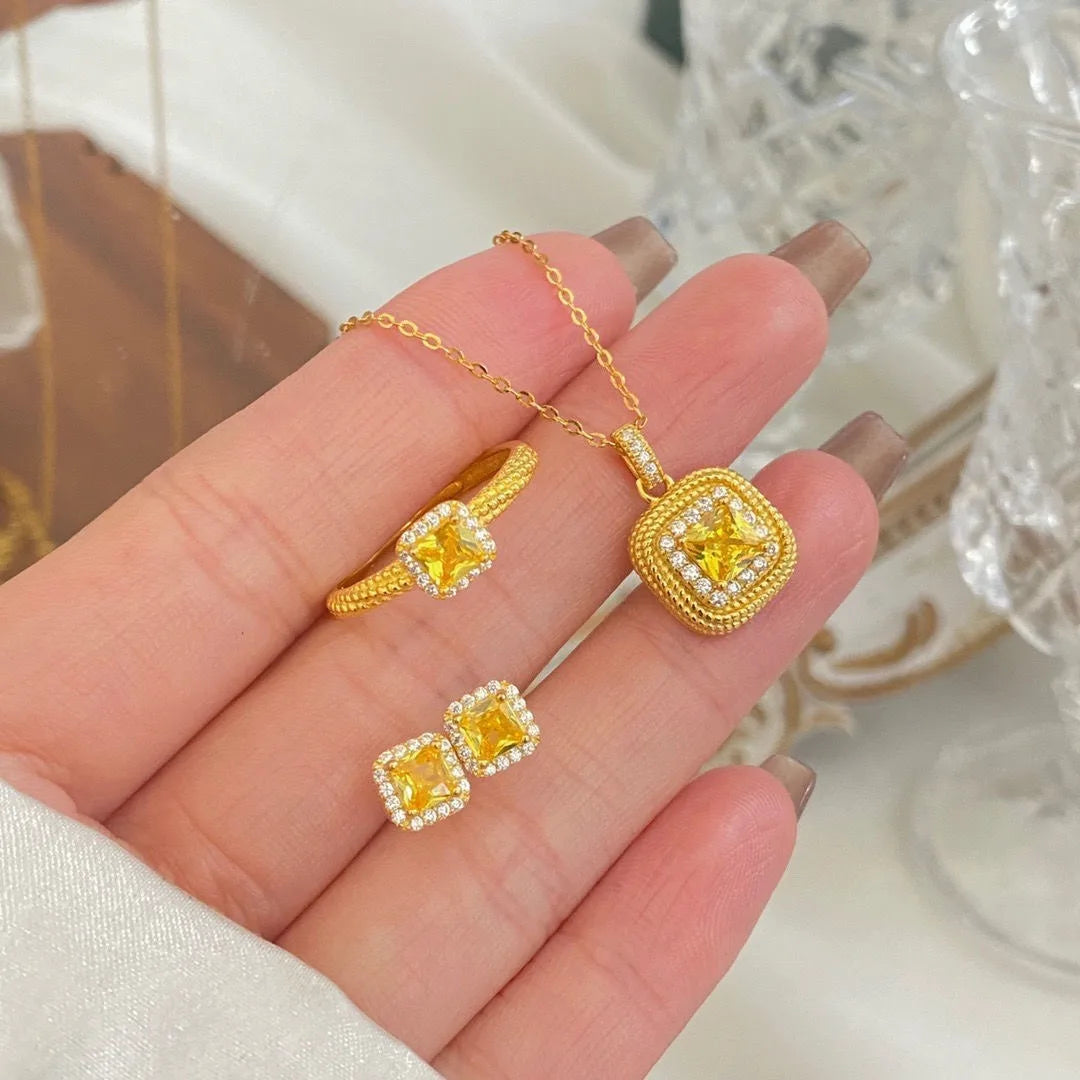 AA01073 Luxury Women's Brass Jewelry Delicate Shiny Crystal Square Twist Ring Yellow Cubic Zirconia Geometric Necklace Earrings