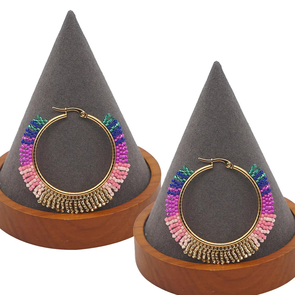 2025 Bohemian Statement Colorful Tassel Handmade Rice Seed Bead Large Hoop Earrings