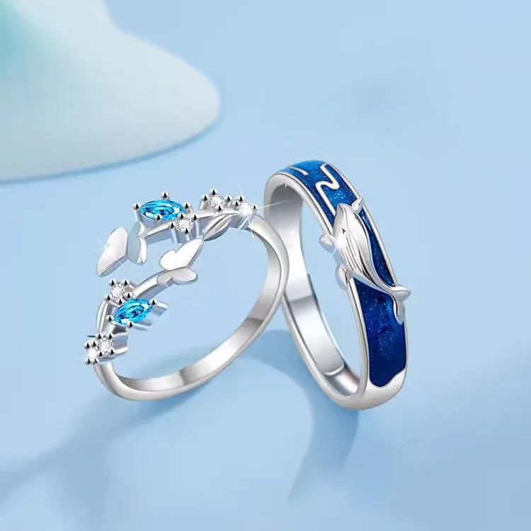 Anillo De Pareja Couple Jewelry Whale Butterfly Diamond Couple Ring Personality Open Ring for Lover Men Women Finger Ring