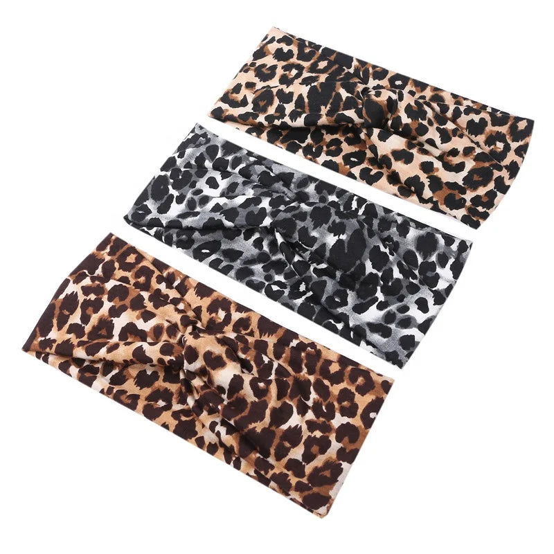 Boho Leopard Print Headband Cross Knotted Hair Headband Elastic Stretchy Twist Hair Wraps Yoga Outdoor Head Scarfs for Women