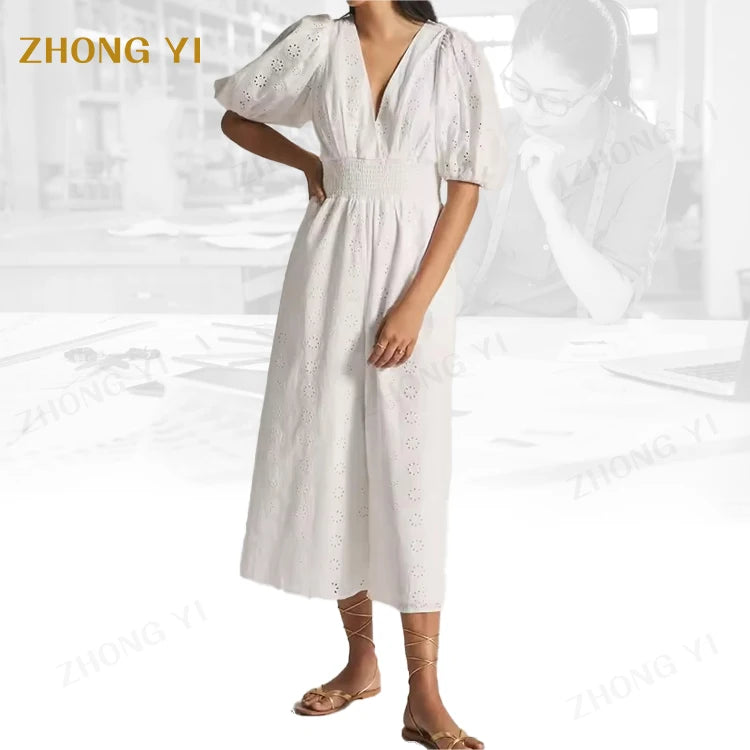 Boutique ODM OEM Customized Elegant Two Piece Jumpsuits for Ladies Designer White Jumpsuit Women V-Neck  Puff Sleeve Jumpsuit