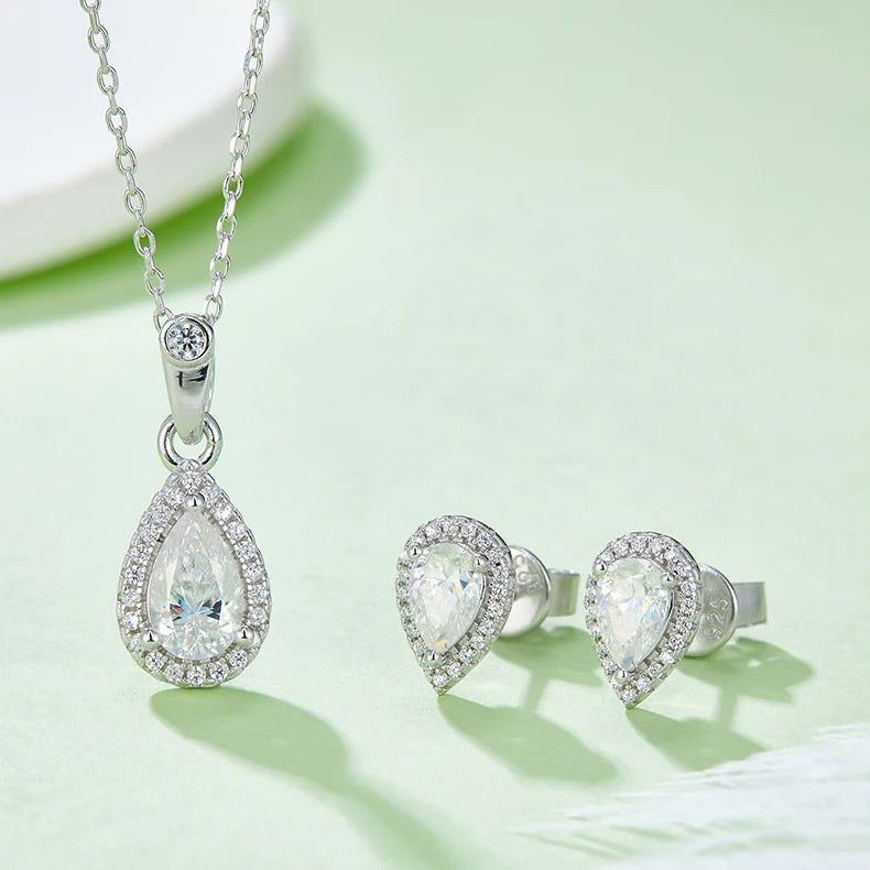 Factory Price 925 Sterling Silver Stud Earrings GRA Certificate Pear Cut Moissanite Diamond Pendant Women Necklace Jewelry Sets