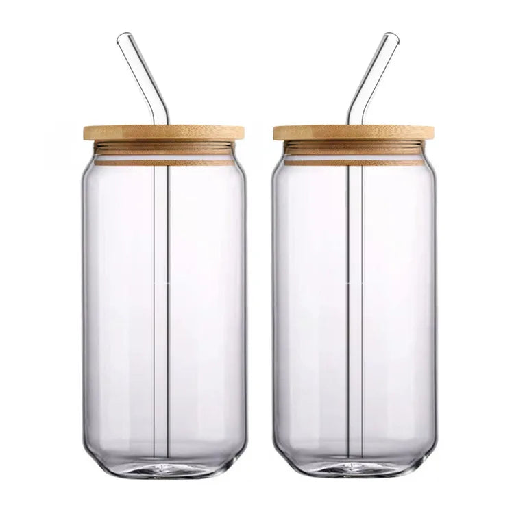 12oz Glass Cups Set Mason Jar Drinking Glasses Cup With Bamboo Lids & Glass Straws for Bubble Tea /Smoothie/Juice