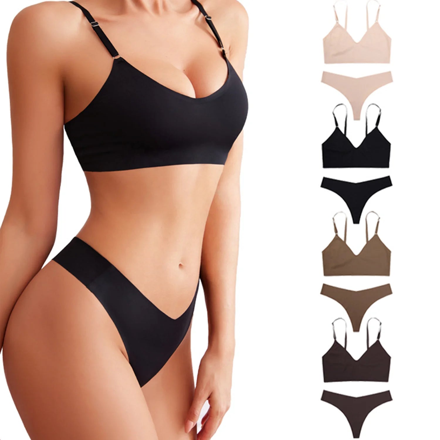 Wholesale Women's Plus Size V-neck Underwear Set Without Steel Ring Seamless Underwear With Briefs Set