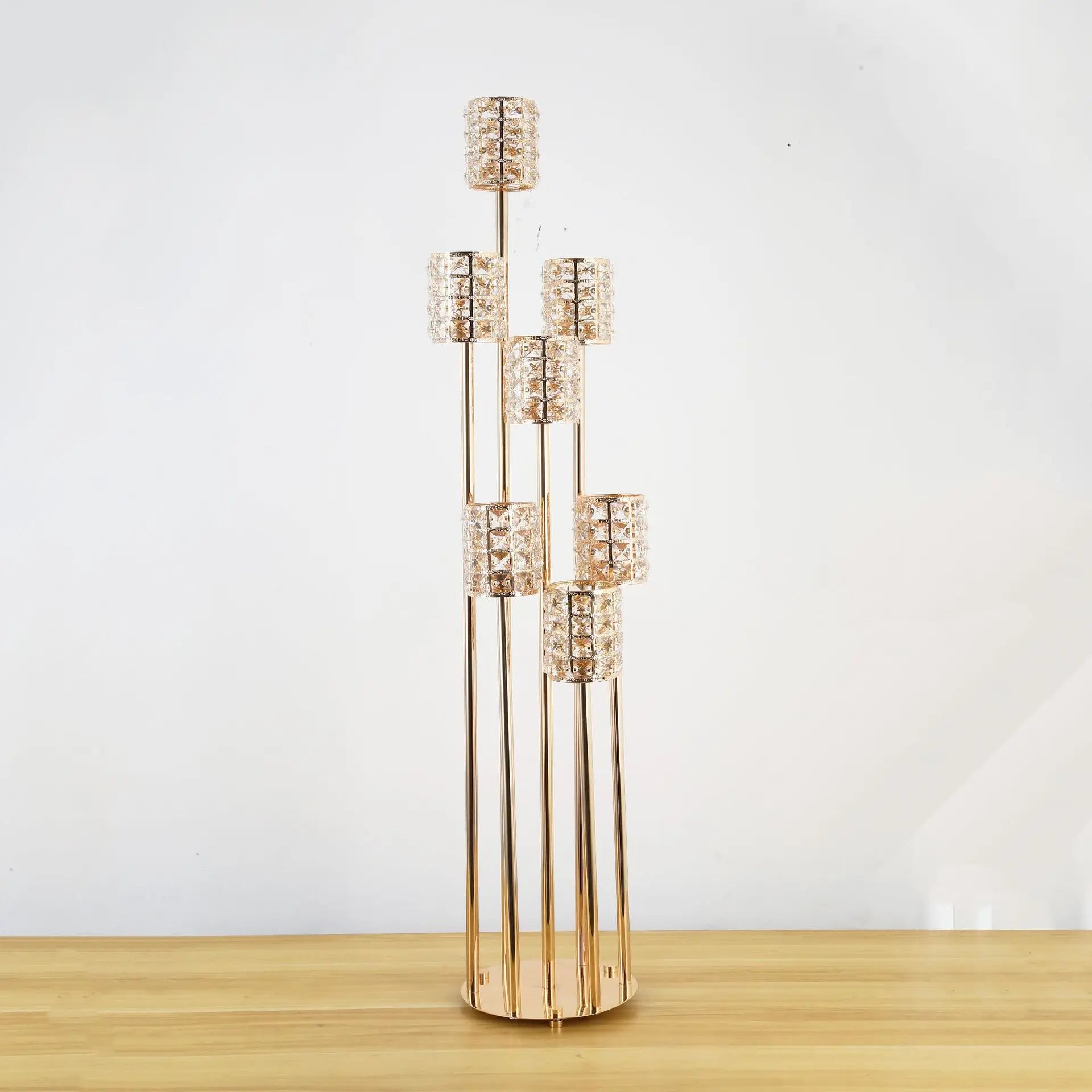 Creative Shape High and Low Thin Rod Multi-Load Glass Inlaid Metal Long Candlestick Holder for Home Decoration