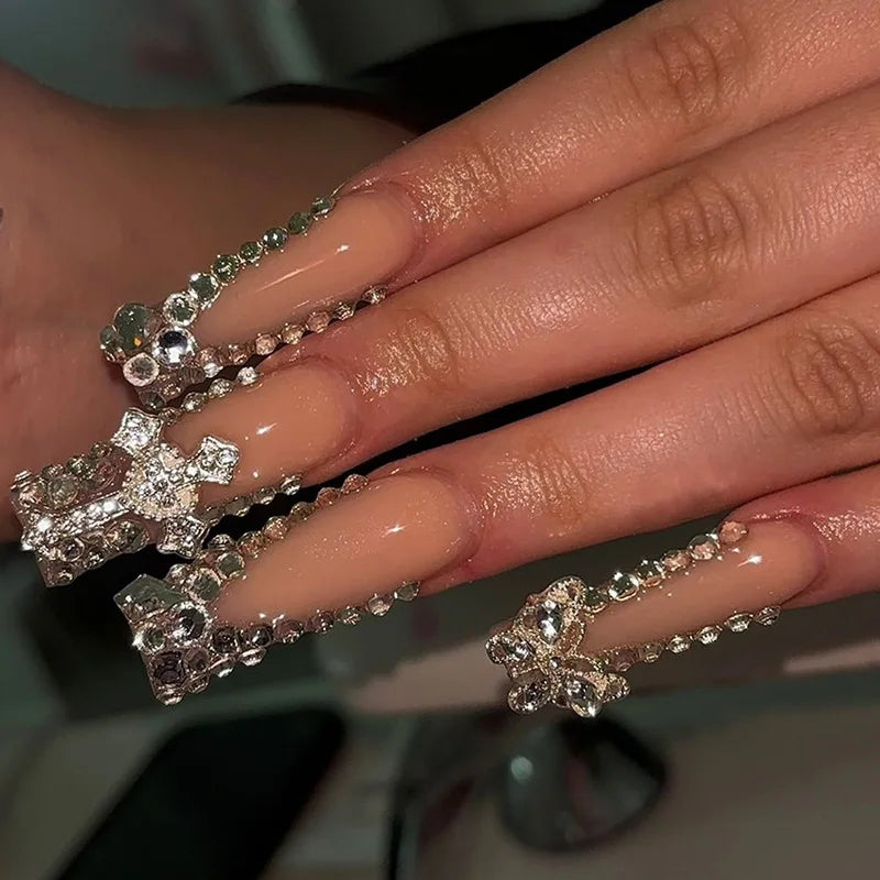 Wholesale New Extended Water Pipe Wearable Nail Full Diamond Zircon Cross butterfly Detachable Wearable Nail Patch Nail Press on