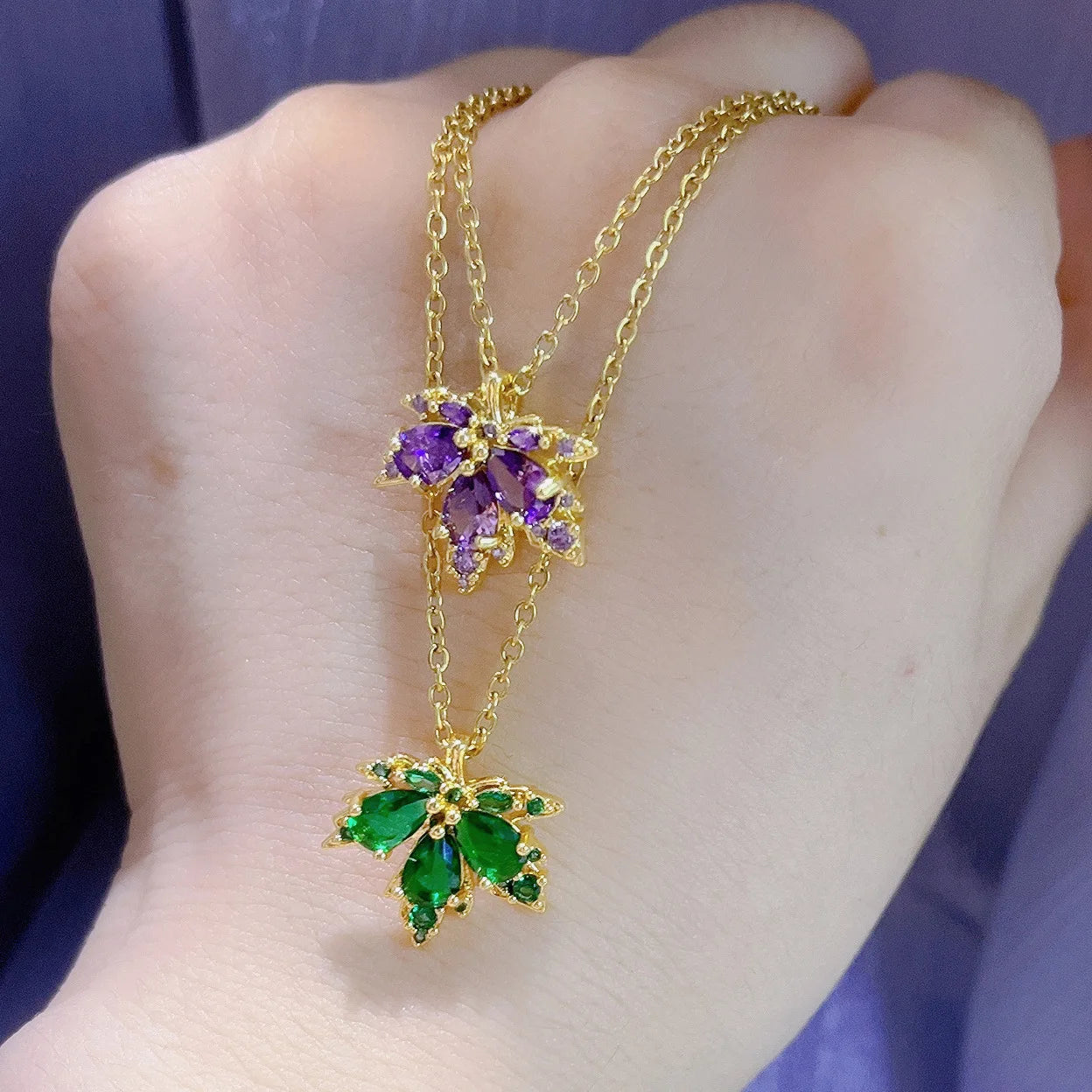 2022 Fashion Crystal Necklace Purple Stainless Steel Necklace Temperament Maple Leaf  Necklace for Women