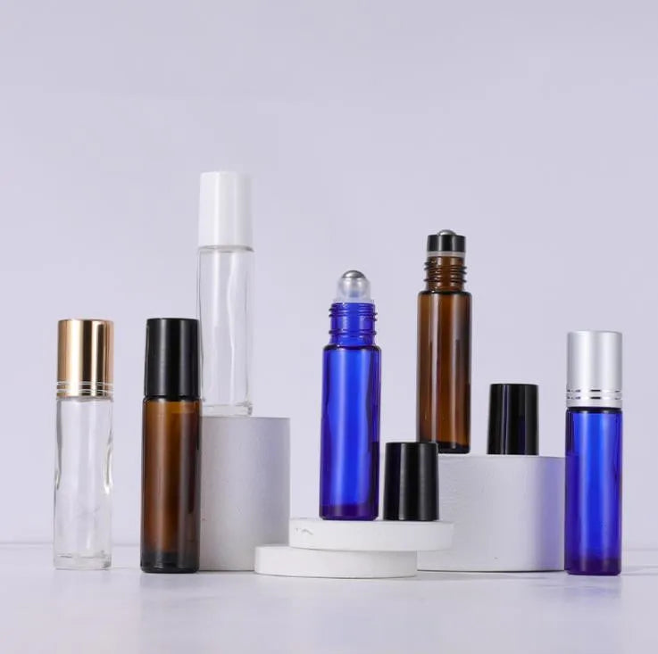 Low Price 10ml Amber/blue/clear Roll on Glass Bottle With Silver/black/gold Lid Essential Oil/perfume Bottle