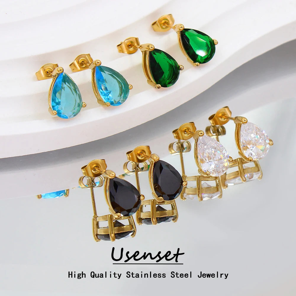 Simple Shiny Water Drop Shaped Cubic Zircon Stud Ear Jewelry Exquisite Hot Selling 4 Colors Crystal Earrings