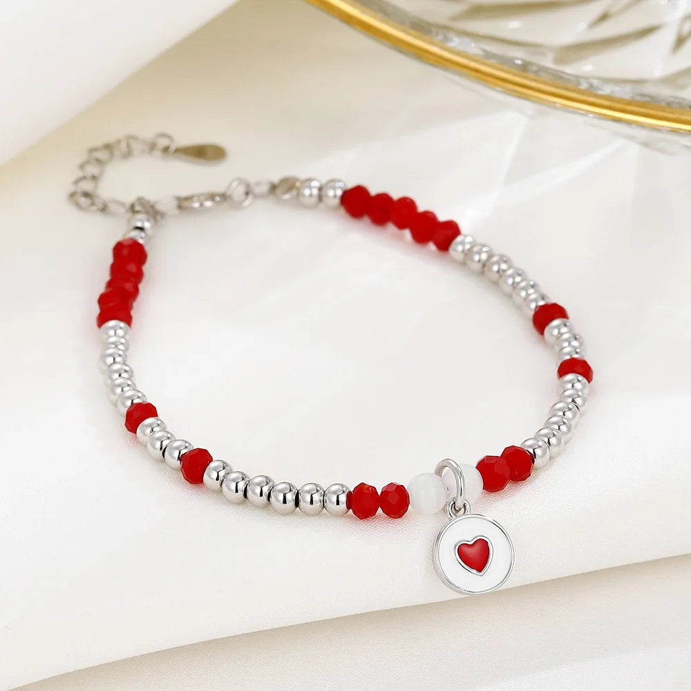 Handmade 925 Sterling Silver Love Heart Bracelet with Round Disc and Red Heart Trendy Zircon Infused Perfect Gift