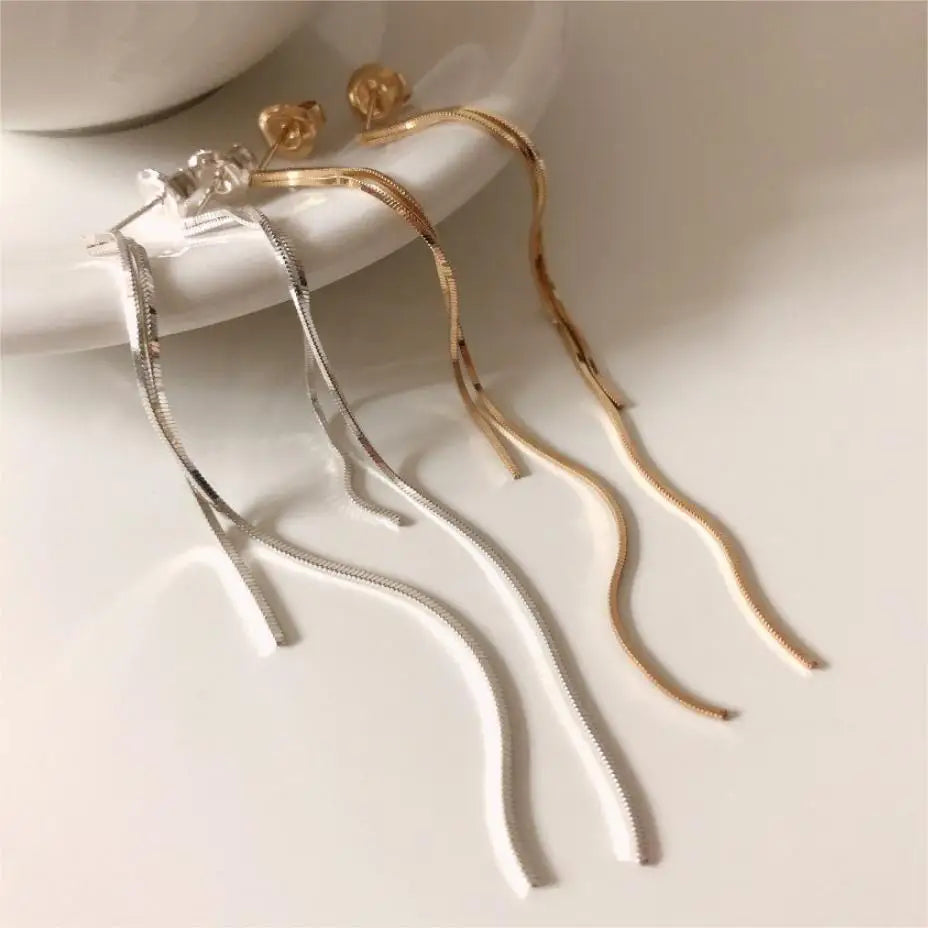 S925 Sterling Silver Long Tassel Earrings Ear Wire Snake Chain Stud Earrings Simple Fashion Jewelry Earrings Women