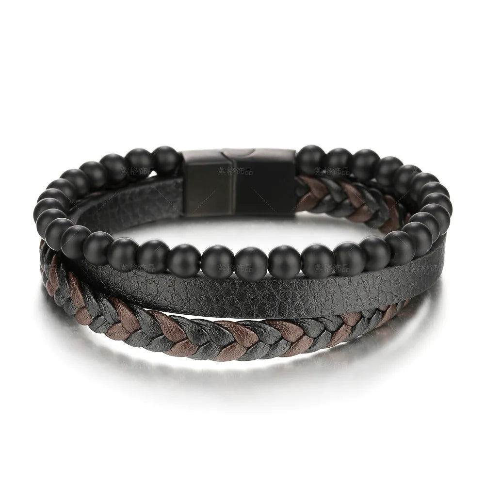 Natural Stone Volcanic Jewelry Stainless Steel Leather Braided Men Bracelet Luxury