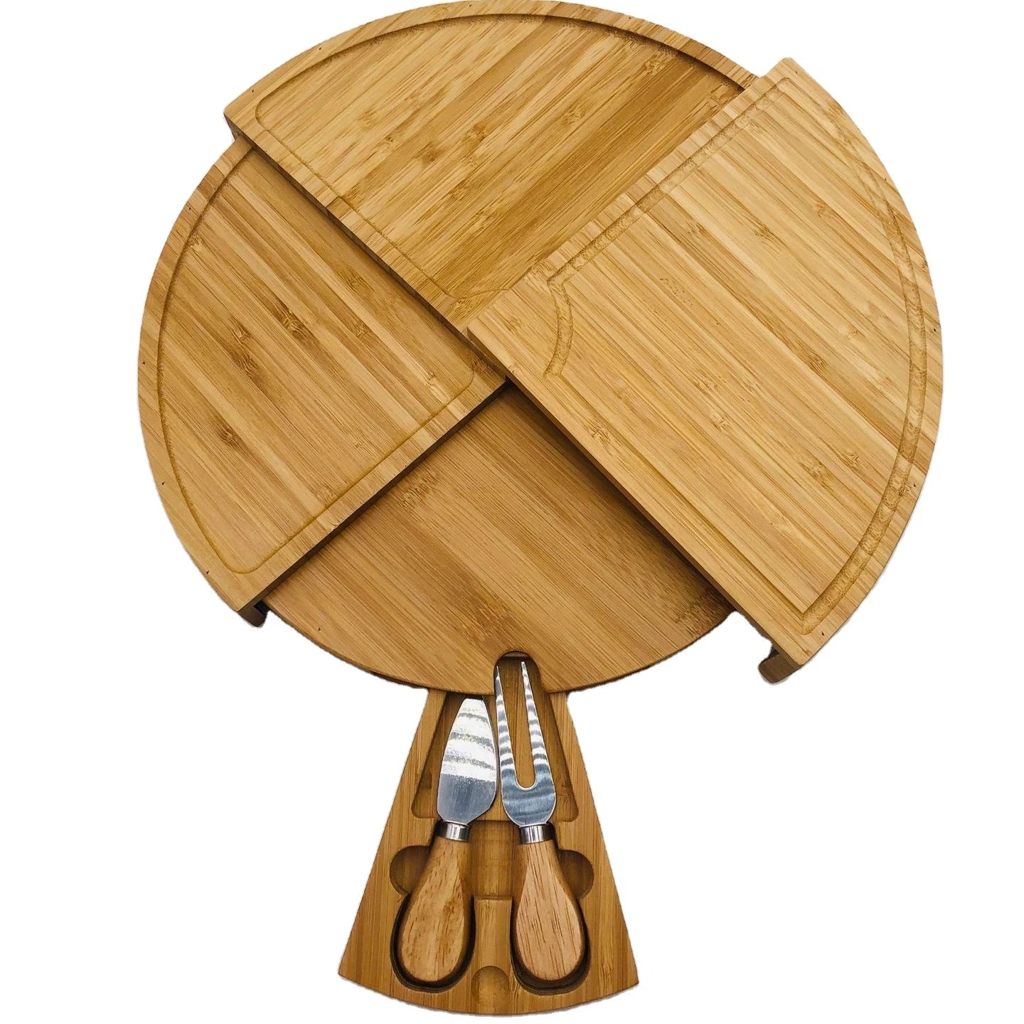 Newest Compact Wedge Swivels Serving Platter Round Bamboo Charcuterie Cheese Board With Knife Set
