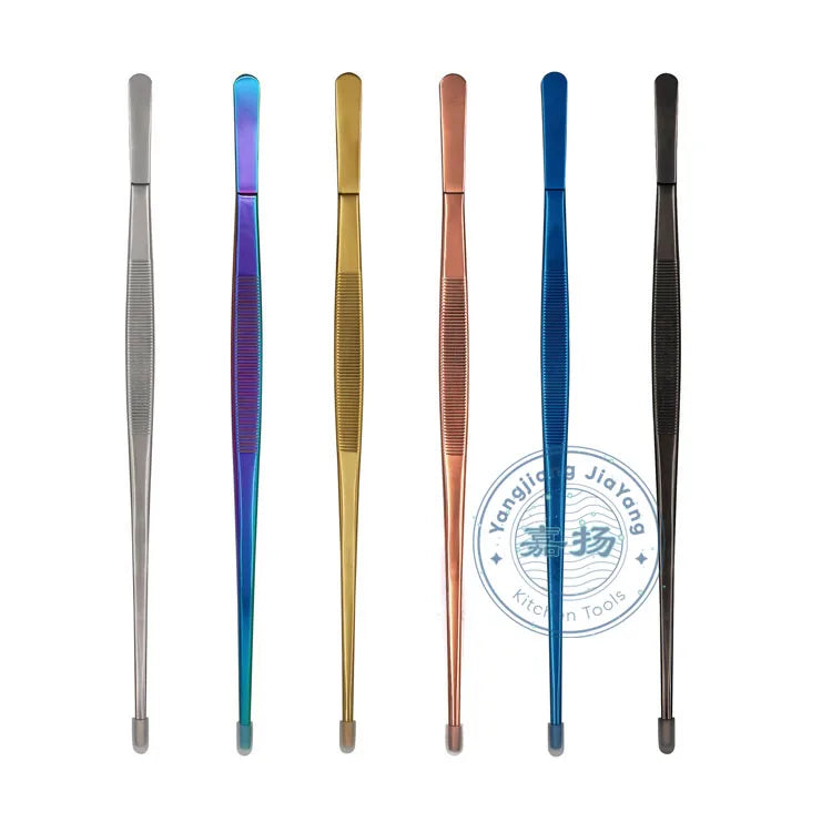 (JYKTT-A132-12 Inch) Long Chef Straight Tweezer Colorful Stainless Steel with Ridges for BBQ Plating Cooking Bartender