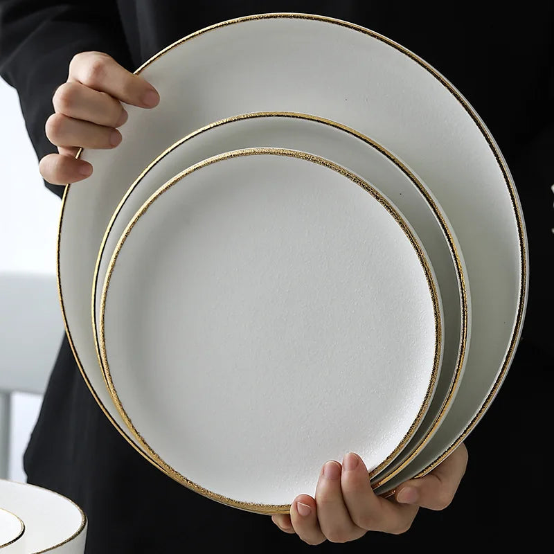 Nordic Ins Tableware Creative Painted Gold White Porcelain Dish Ceramic Western Dish Steak Dish