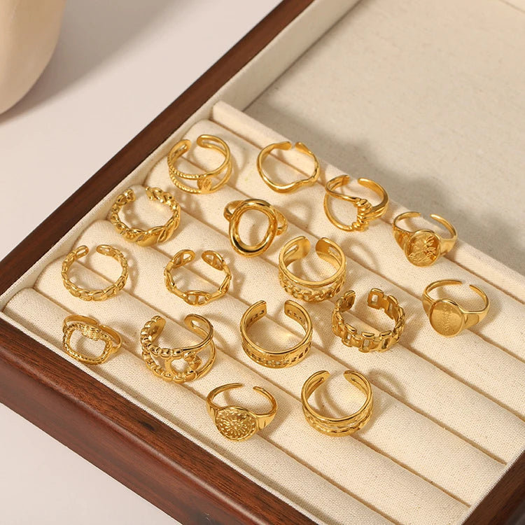 European American Exquisite Open Ring Metallic Linen Pattern 18K Gold Plated Ring Fashion Simple Stainless Steel Ring
