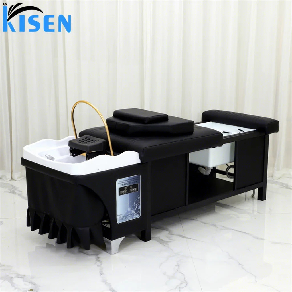 Kisen Luxury Multifunction Barbershop Shampoo Chair Head Spa Therapy Descending Washing Bed With Foot Spa Basin 110V 220V