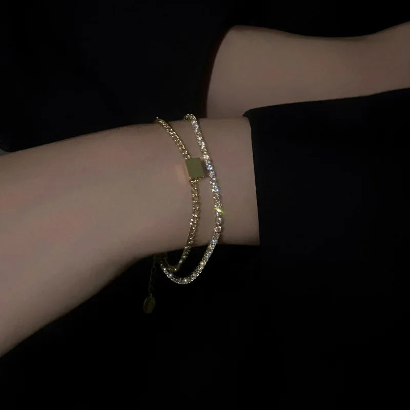 Summer 18K Gold Plated Cubic Zirconia Simple Bracelet Set for Women Rhinestone Shiny Chain Bracelet Double Layers Bracelet