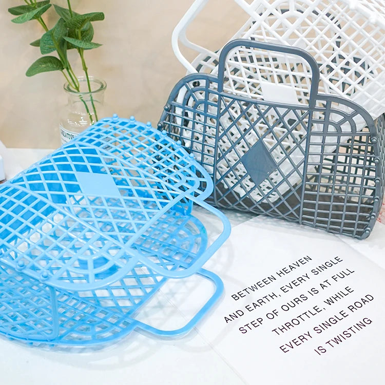 Factory Small Size Colorful Organizer Plastic Hollowed-out Storage PE Household Folding Collapsible Shopping Hand Basket